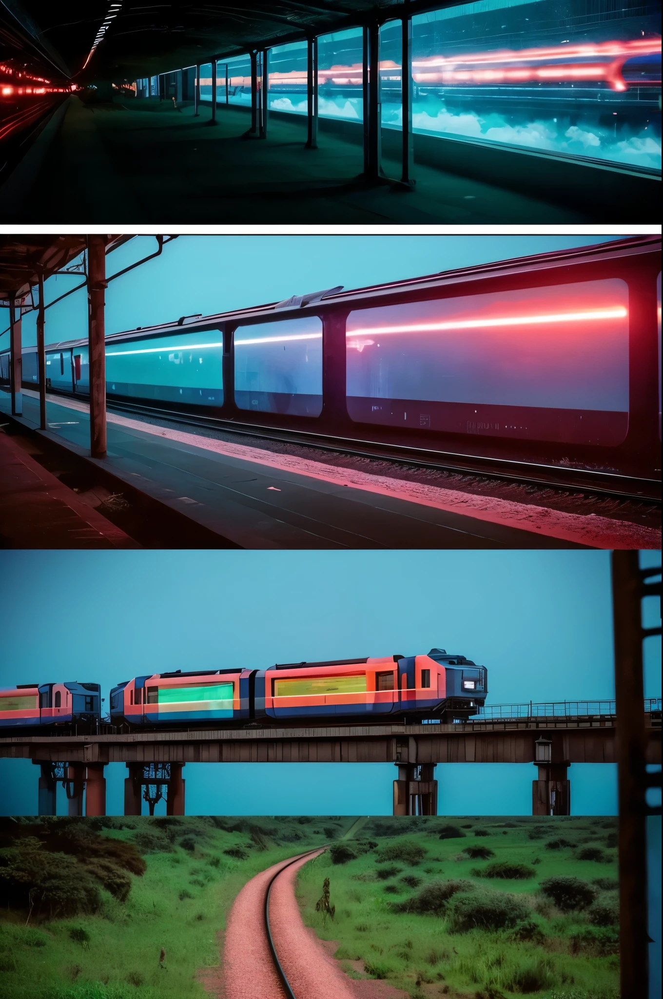 A video of a train travelling through a fururistic African landscape, ((cyberpunk style)), Hi-Tech city, mechanical enhancement, (high-tech fantasy), robotics, blade runner 2049,
