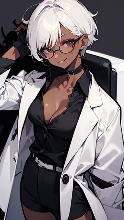 (highest quality、masterpiece:1.2) 1 woman, (Dark skinned woman), ((white tailored jacket, black shirt, short pants)), short hair, (dark white hair), shiny Eyes, (little glasses), sharp eye, (cleavage), little earring, (off shoulder), collarbone, leather gloves, mouth mask, messy hair, villain stance, (Malicious smile), slightly muscle,