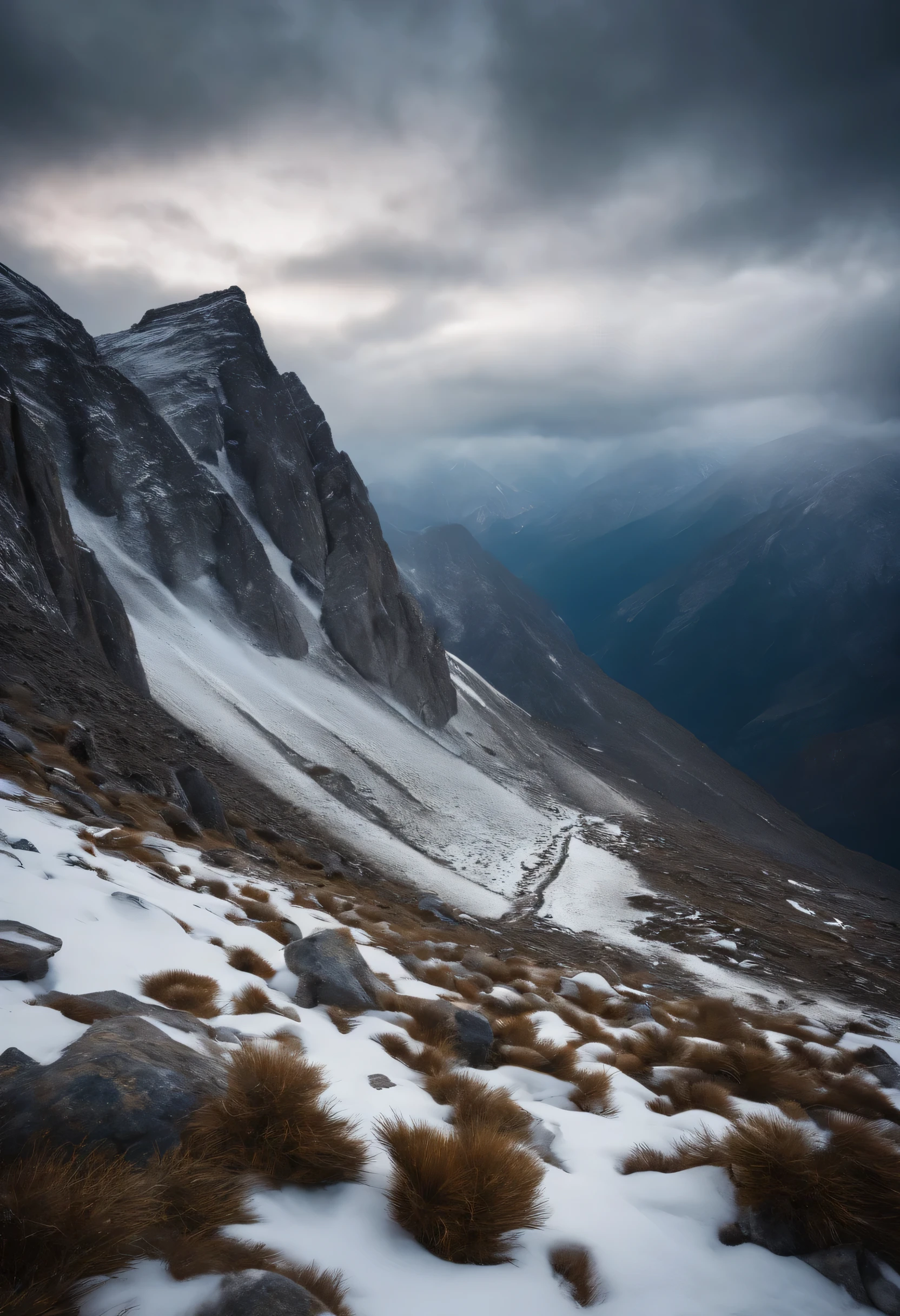 AMONG THE STEEP AND INTRINSIC MOUNTAINS WITH SHARP ROCKS WITH SNOW AND ICE, THE CLEAR AND COLD SKY HAS CLOUDS DESTROYED BY THE FREEZING WIND FROM THE POLE, IMAGEN HIPER REALISTA, maximum depth of field, HIGHEST HDR RESOLUTION, UHDE, 4K, PERSPECTIVA PERFECTA COLORES VIBRANTES
