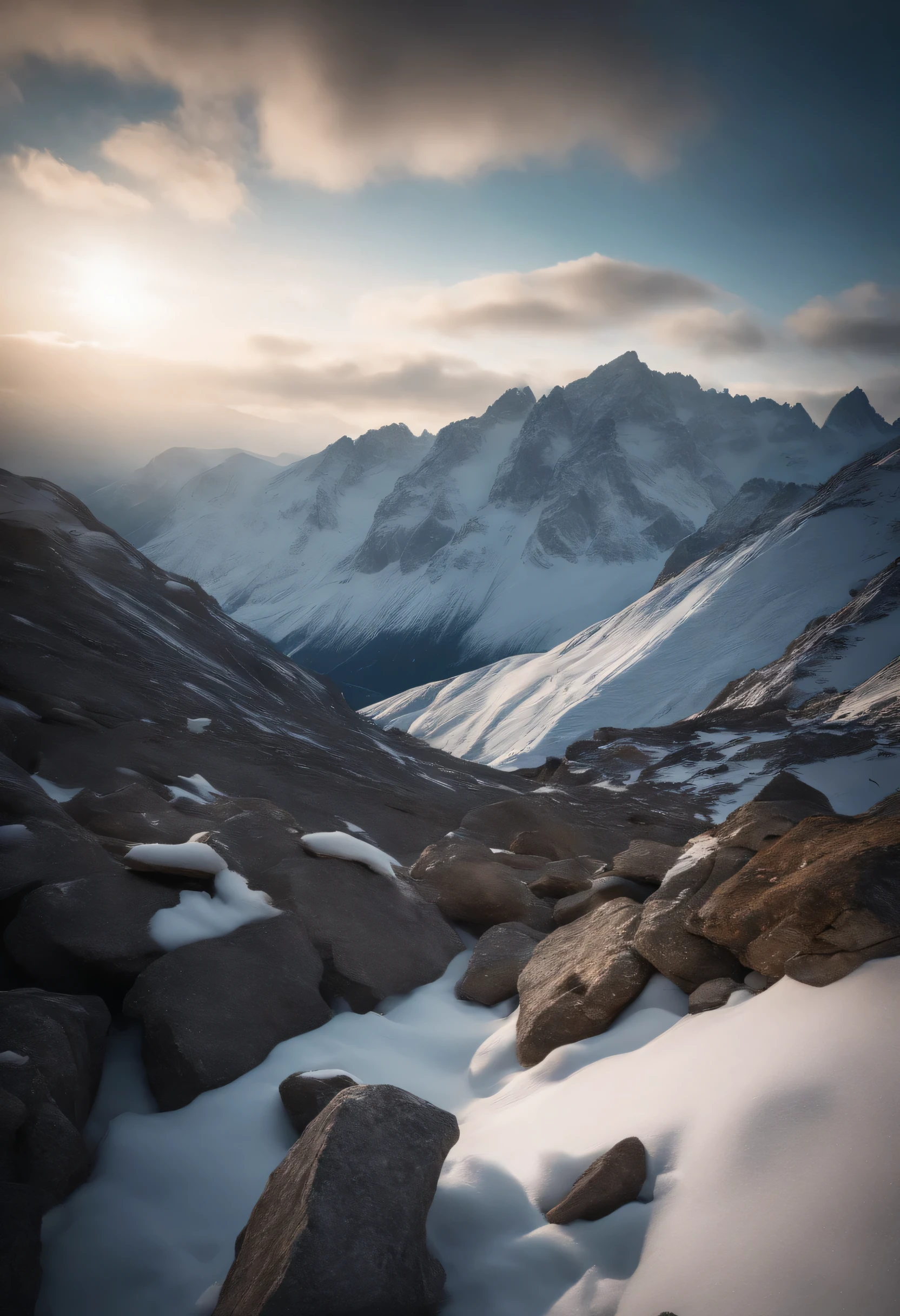 AMONG THE STEEP AND INTRINSIC MOUNTAINS WITH SHARP ROCKS WITH SNOW AND ICE, THE CLEAR AND COLD SKY HAS CLOUDS DESTROYED BY THE FREEZING WIND FROM THE POLE, IMAGEN HIPER REALISTA, maximum depth of field, HIGHEST HDR RESOLUTION, UHDE, 4K, PERSPECTIVA PERFECTA COLORES VIBRANTES
