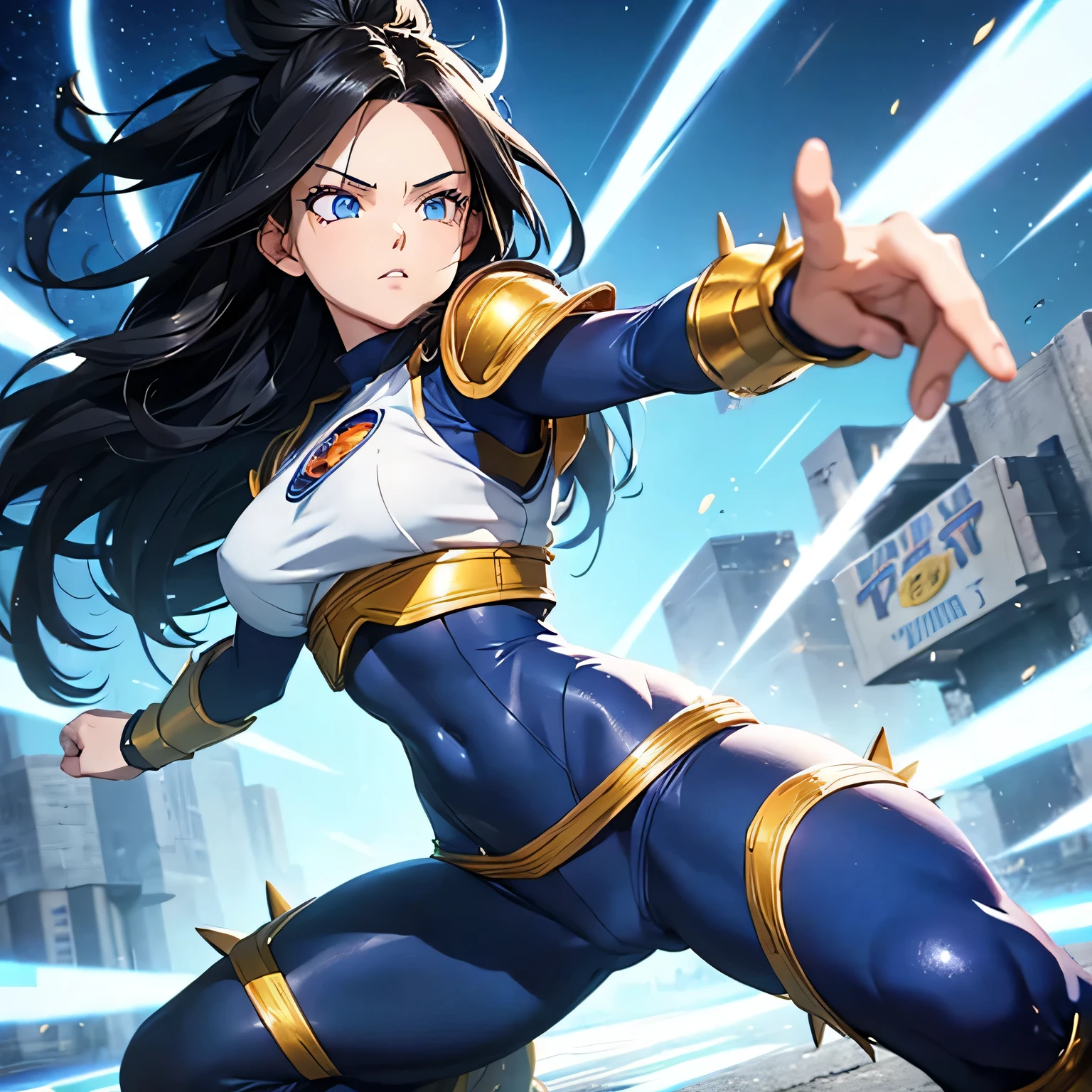 1girl, solo, blue eyes, long hair black hair blue eyes pale skin muscular mid-sized breasts, saiyan armor, long black hair, (1girl, Fighting stance:1.2),game cg, saiyan uniform blue and gold, medium view, nice hands, perfect hands, dragonball z vegeta eyes, slightly spiky hair
