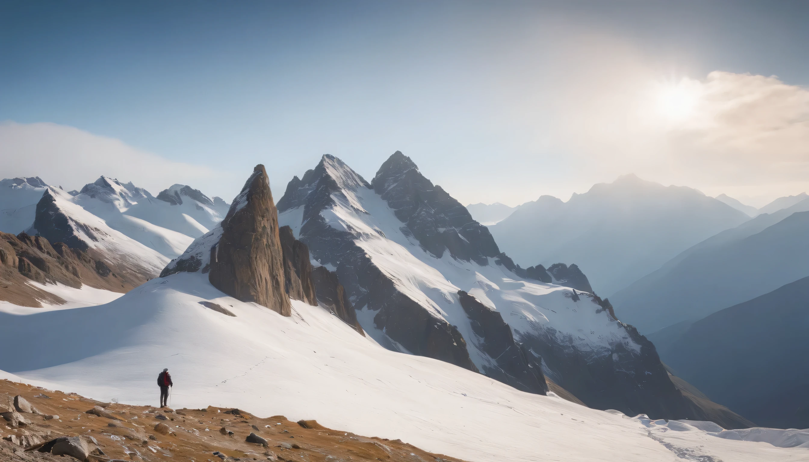AMONG THE STEEP AND INTRINSIC MOUNTAINS WITH SHARP ROCKS WITH SNOW AND ICE, THE CLEAR AND COLD SKY HAS CLOUDS DESTROYED BY THE FREEZING WIND FROM THE POLE, IMAGEN HIPER REALISTA, maximum depth of field, HIGHEST HDR RESOLUTION, UHDE, 4K, PERSPECTIVA PERFECTA COLORES VIBRANTES