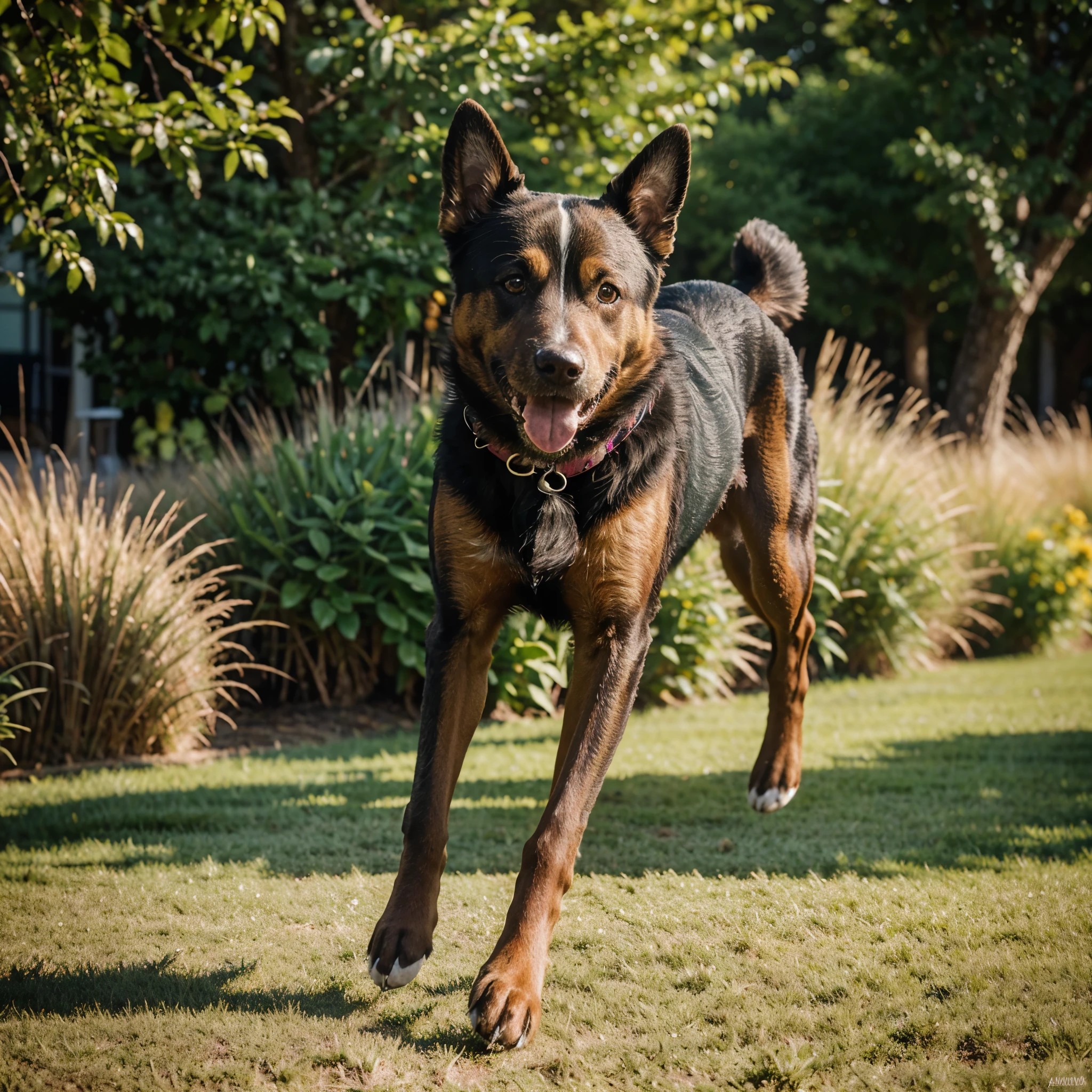 A dog running on a green grass field, with vibrant colors and ultra-detailed fur texture, captured in a realistic style. The dog's eyes are beautifully detailed, and its tongue is playfully visible as it runs. The sunlight casts a warm and soft glow on the scene, creating a pleasant and uplifting atmosphere. The artwork is of the best quality, with a 4K resolution, and the details of the dog's movement and expression are captured with extreme precision. The medium used for this artwork is digital illustration, which allows for a perfect blend of realism and artistic interpretation. The colors are vivid and vibrant, highlighting the dog's energy and joy. The overall composition is balanced and aesthetically pleasing, with the dog positioned in the center of the frame, showcasing its playful and dynamic nature.