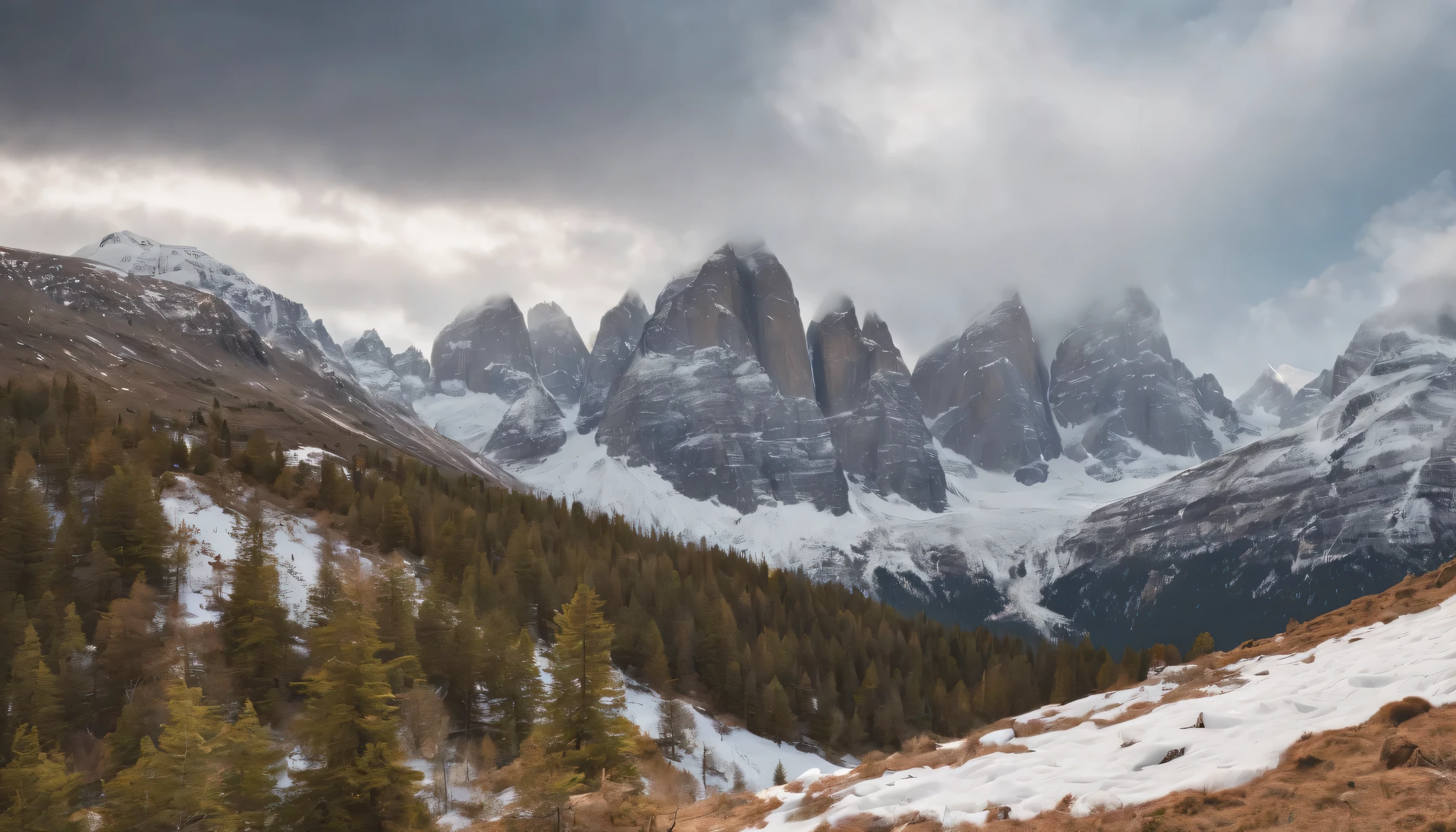 AMONG THE STEEP AND INTRINSIC MOUNTAINS WITH SHARP ROCKS WITH SNOW AND ICE, THE CLEAR AND COLD SKY HAS CLOUDS DESTROYED BY THE FREEZING WIND FROM THE POLE, IMAGEN HIPER REALISTA, maximum depth of field, HIGHEST HDR RESOLUTION, UHDE, 4K, PERSPECTIVA PERFECTA COLORES VIBRANTES