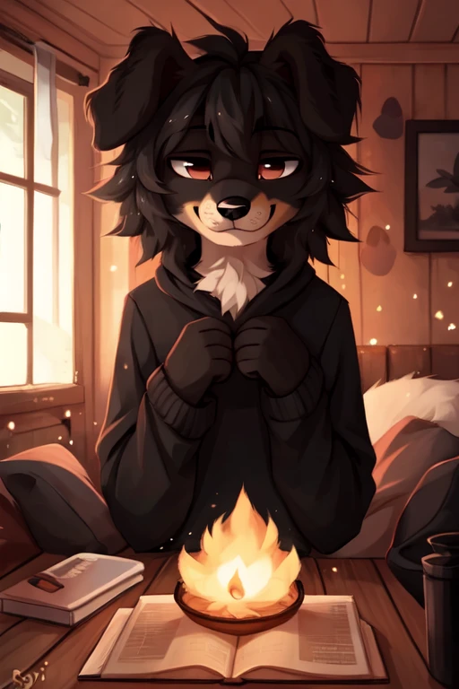 ((by reysi)), Best quality, super detailed illustration, warm colors, Ideal lighting, (Fluffy boy dog:1.6), (Black fur:1.5) ,feminine face and body, disheveled thick gray hair, short shorts, long black stockings, Long-sleeved sweater, in a cosy room, smug smile, tricky glance , Femboy, slim, perfect body,