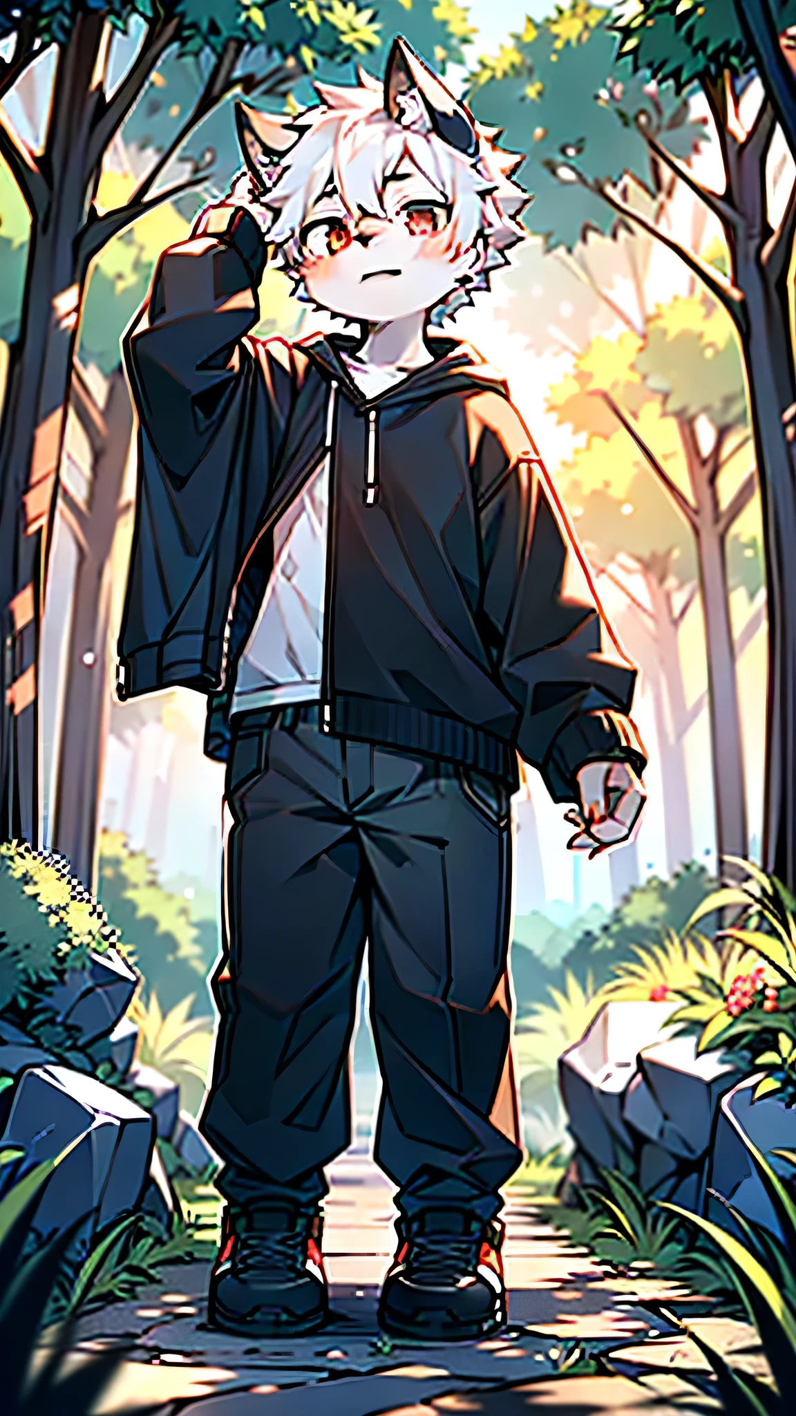 Sexual desire boy,Furry wolf,((Shota)), Black and white hair, Good figure, Handsome,cute, Light:Extreme Light and Shadow, Anti-Light Skin,Reddish skin,((Worn clothes,Commoner)) ,((Deep in the forest,Stone road,symptoms,solo,The only person)),Outdoor sunset,((detail)),(Depth of Field),Stand up