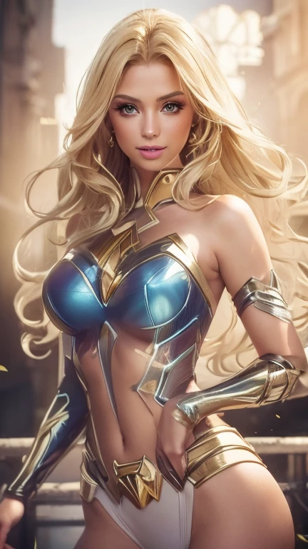 (best quality,ultra-detailed,photo-realistic:1.37),bright and vibrant colors,studio lighting,playful expression,stylish makeup,long blonde hair flowing in the wind,alluring eyes,glossy lips,sexy pose, DC Justice League, Headquarter, smiling in a confident and seductive way,posing for a professional photoshoot,shallow depth of field,highlighting the main subject,soft natural lighting,creating a dreamy and magical atmosphere.