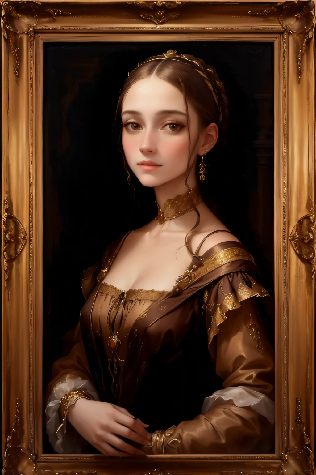 a painting of a woman in a brown dress and a gold frame, realistic renaissance portrait, renaissance portrait, renaissance digital painting, renaissance oil portrait, inspired by Domenico Quaglio the Younger, masterpiece portrait, portrait of megara, classical portrait, inspired by Giovanni Lanfranco, baroque portrait, neoclassical portrait, inspired by Ridolfo Ghirlandaio