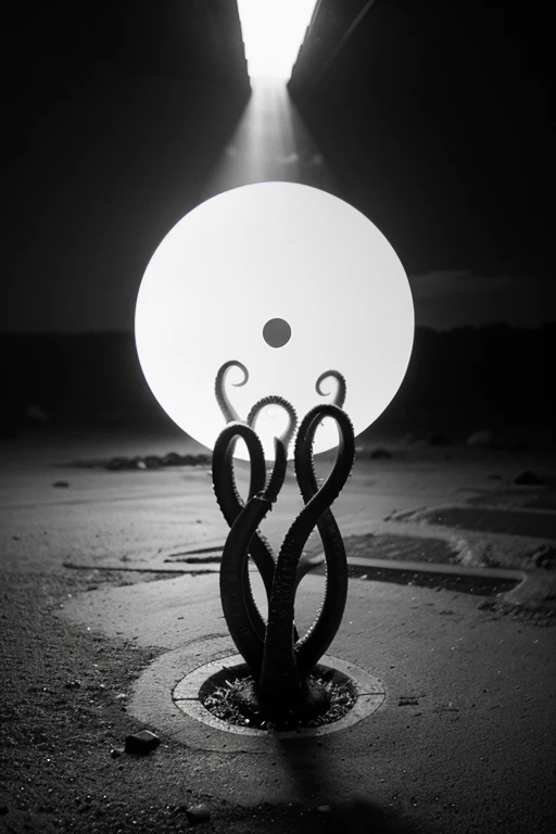 Imagen a blanco y negro.
A completely white circle in the middle.
Roots or tentacles that expand out of the circle.
