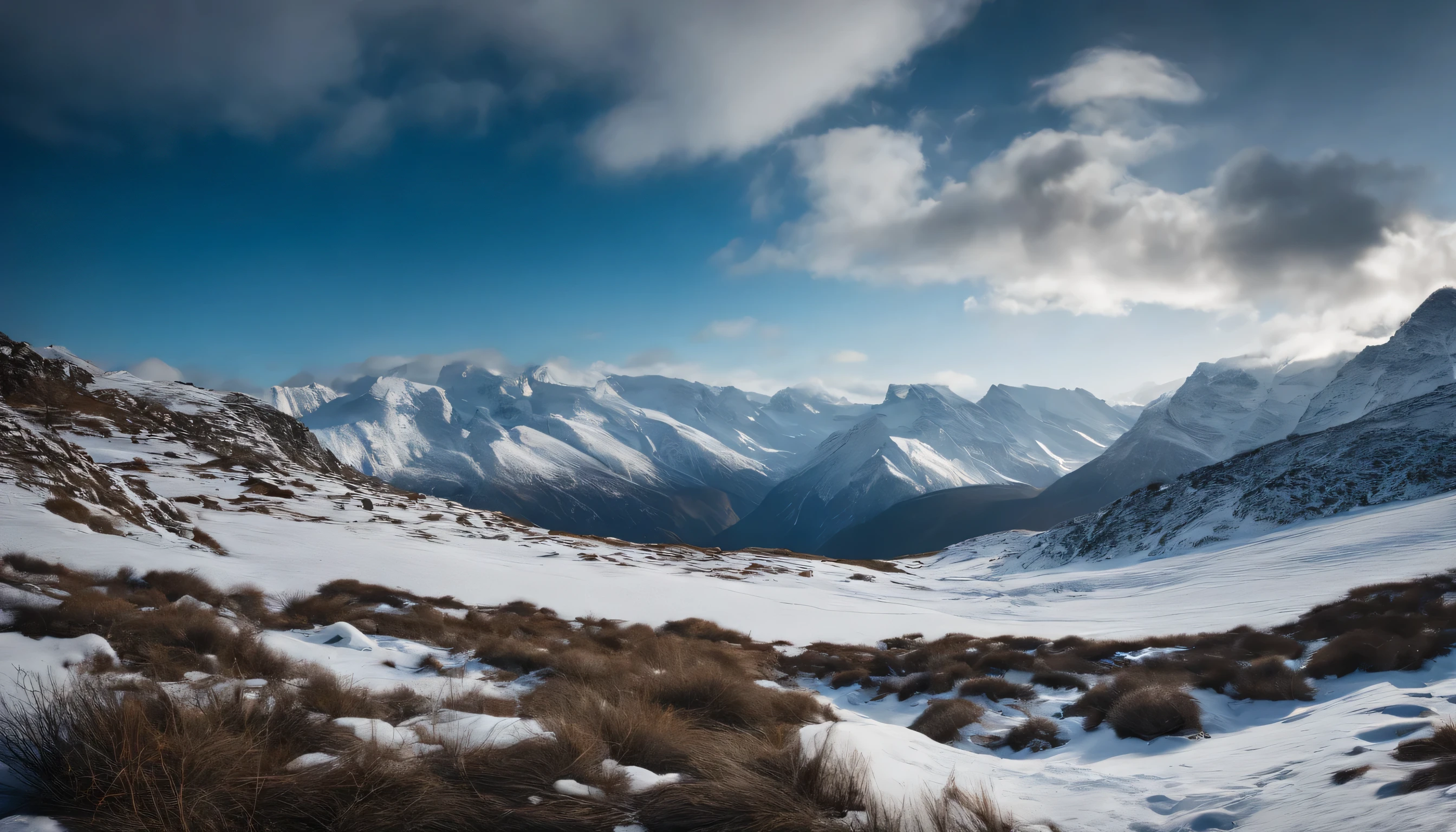 AMONG THE STEEP AND INTRINSIC MOUNTAINS WITH SHARP ROCKS WITH SNOW AND ICE, THE CLEAR AND COLD SKY HAS CLOUDS DESTROYED BY THE FREEZING WIND FROM THE POLE, IMAGEN HIPER REALISTA, maximum depth of field, HIGHEST HDR RESOLUTION, UHDE, 4K, PERSPECTIVA PERFECTA COLORES VIBRANTES