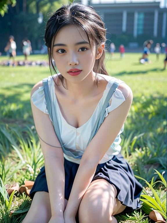 Best-quality, Masterpiece, Ultra-High-Resolution, (Photorealistic:1.4), Raw-Photo, depth of field, professional-lighting, 1girl, the most famous Japanese idol, ((undressing nude body, (leaning forward very much, hands on knees))), (extremely cute face, ((extremely cute and extremely big black-eyes)), extremely cute hairstyle, extremely cute long-eyelashes, extremely cute lips, (extremely beautiful skins)), innocent-smile, looking at viewer