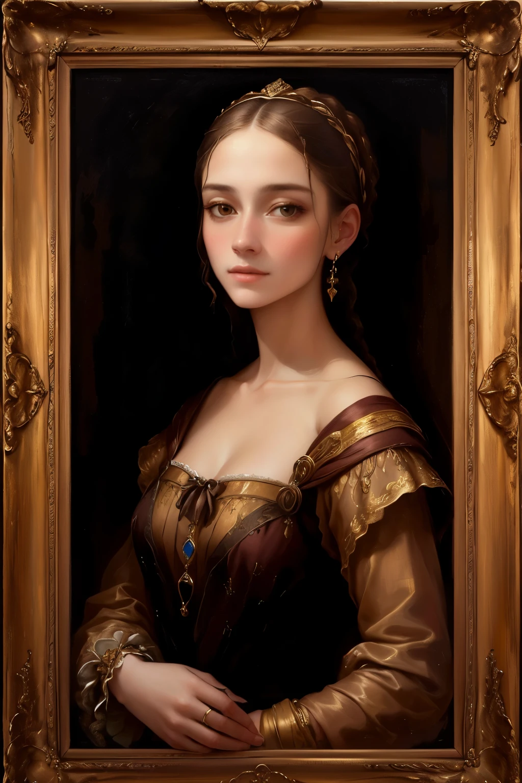 a painting of a woman in a brown dress and a gold frame, realistic renaissance portrait, renaissance portrait, renaissance digital painting, renaissance oil portrait, inspired by Domenico Quaglio the Younger, masterpiece portrait, portrait of megara, classical portrait, inspired by Giovanni Lanfranco, baroque portrait, neoclassical portrait, inspired by Ridolfo Ghirlandaio