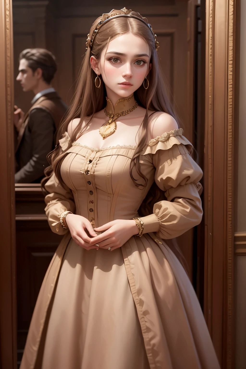 a painting of a woman in a brown dress and a gold frame, realistic renaissance portrait, renaissance portrait, renaissance digital painting, renaissance oil portrait, inspired by Domenico Quaglio the Younger, masterpiece portrait, portrait of megara, classical portrait, inspired by Giovanni Lanfranco, baroque portrait, neoclassical portrait, inspired by Ridolfo Ghirlandaio