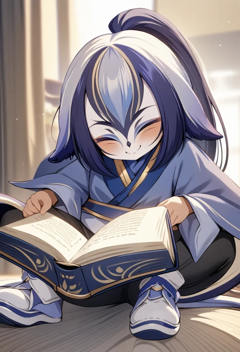 (shylily/(Twich/):1.5),(masterpiece:1.2),(best quality:1.2),Ponytail,Smiling girl,There is an open book on the head,,Light grey shirt with navy blue vest,Black pants with white tennis shoes