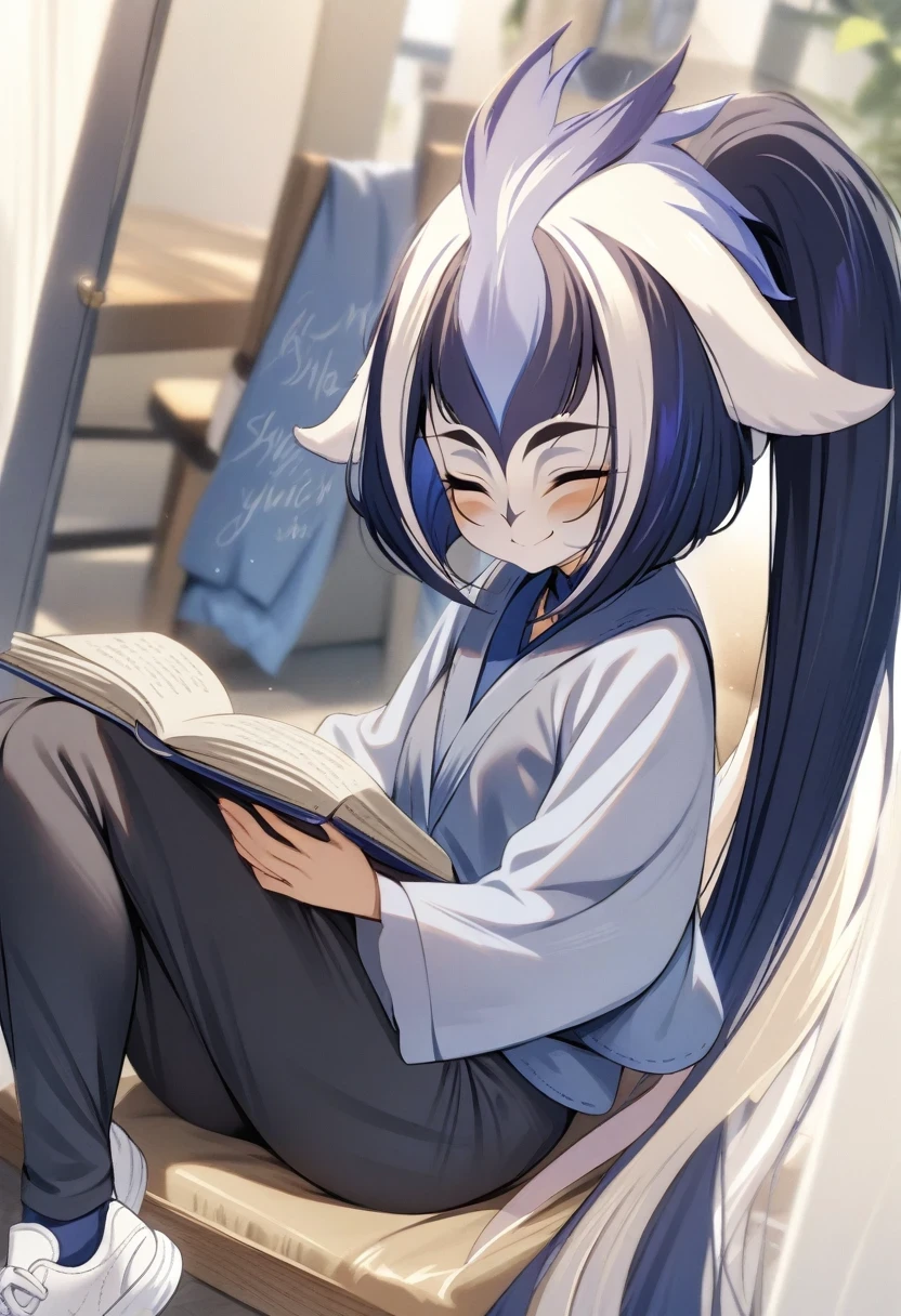 (shylily/(Twich/):1.5),(masterpiece:1.2),(best quality:1.2),Ponytail,Smiling girl,There is an open book on the head,,Light grey shirt with navy blue vest,Black pants with white tennis shoes