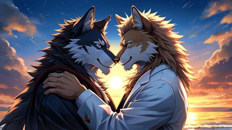 furry, male, anthro, (Realistic eye details:1.2), (beautiful detailed eyes), anime character there is a Two male are having romantic by the sea, The first Lion,completely orange fur, Hair coiled, (Realistic eye detail),Wear a white suit to look neat.,A Wolf with white fur all over., Hair coiled, (Realistic eye detail),Wearing a completely black suit,Both smile and happily.,Send loving to each other,The moonlight is beautiful at night.,perfect anatomy,realistic anatomy, full body like, slim body, good looking, anime style, 8k, 4k anime wallpaper, anime art wallpaper 8 k, 2 d art, 2d art, anime art wallpaper 4k, detail art