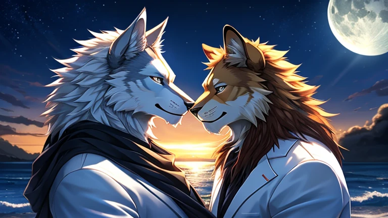 furry, male, anthro, (Realistic eye details:1.2), (beautiful detailed eyes), anime character there is a Two male are having romantic by the sea, The first Lion,completely orange fur, Hair coiled, (Realistic eye detail),Wear a white suit to look neat.,A Wolf with white fur all over., Hair coiled, (Realistic eye detail),Wearing a completely black suit,Both smile and happily.,Send loving to each other,The moonlight is beautiful at night.,perfect anatomy,realistic anatomy, full body like, slim body, good looking, anime style, 8k, 4k anime wallpaper, anime art wallpaper 8 k, 2 d art, 2d art, anime art wallpaper 4k, detail art