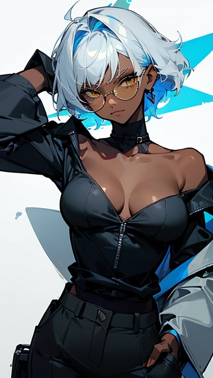 (highest quality、masterpiece:1.2) 1 woman, (Dark skinned woman), ((colored tailored jacket, black shirt, pants style)), short hair, (white hair, blue hair, mixed hair color), light yellow Eyes, (little glasses), sharp, (cleavage), little earring, (off shoulder), collarbone, leather gloves, messy hair, Hands on hips, (Malicious smile, Fearless mouth), slightly muscle,