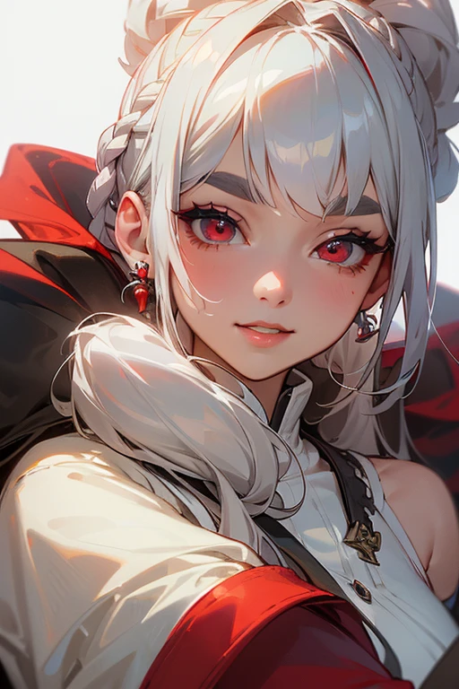 (highest quality, masterpiece:1.2), High resolution, 最高masterpiece、Very detailed, Realistic:1.37, Fantasy, An illustration,Gray Hair、 Red eyes、Queen, White Dress、Platinum decoration、beautifully、Eyeshadow Red、Thick eyebrows、Long eyelashes、pupils are black、shiny on the lips、Top Sites、Queen、Princess、ponytail、A kind smile、Show your teeth a little and smile、Soft impression、people々々々々々Loved by、Slimming the face、Shoulder Bare、sexy、Learn more、Braid、