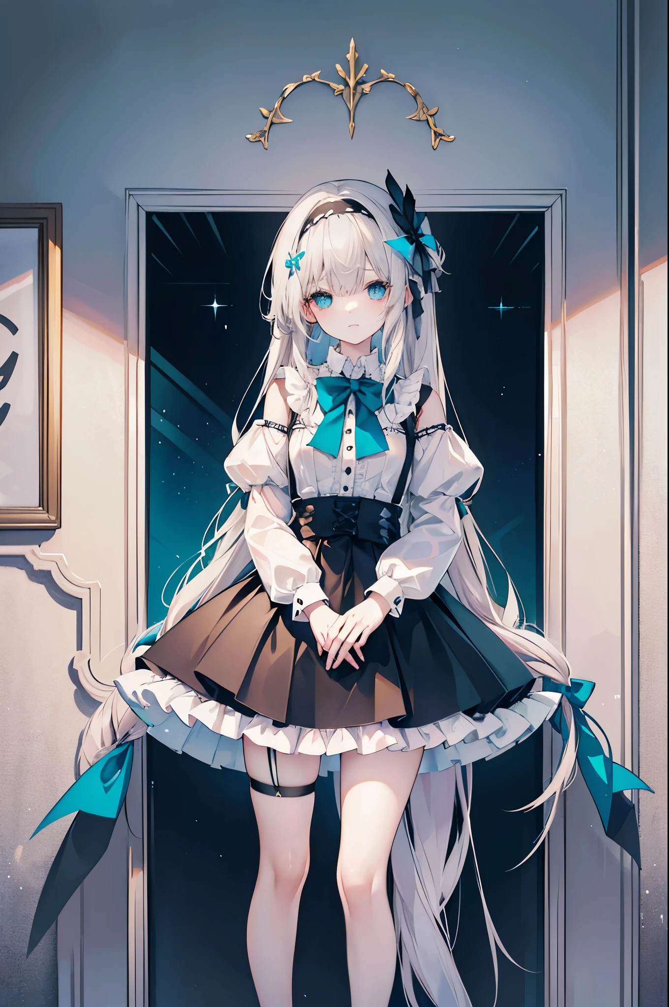 She is a young girl with long silver blonde hair with a crystal teal hue that reaches her waist, fair skin, and eyes with a mix of deep ocean blue and sunset pink. She wears a brown headband over her hair and two green feathers with a black bow on the left side of her head. Heir initial casual outfit consists of a knee-length blue-gray pleated skirt with two frills on each side and suspender straps, leading to a loose, off-white, button-up, peasant top. Their hair is held up with a black bow, and uses a similar-looking ribbon as a bow tie, with the brand “CubeRouge” written along one of the strands in gold.