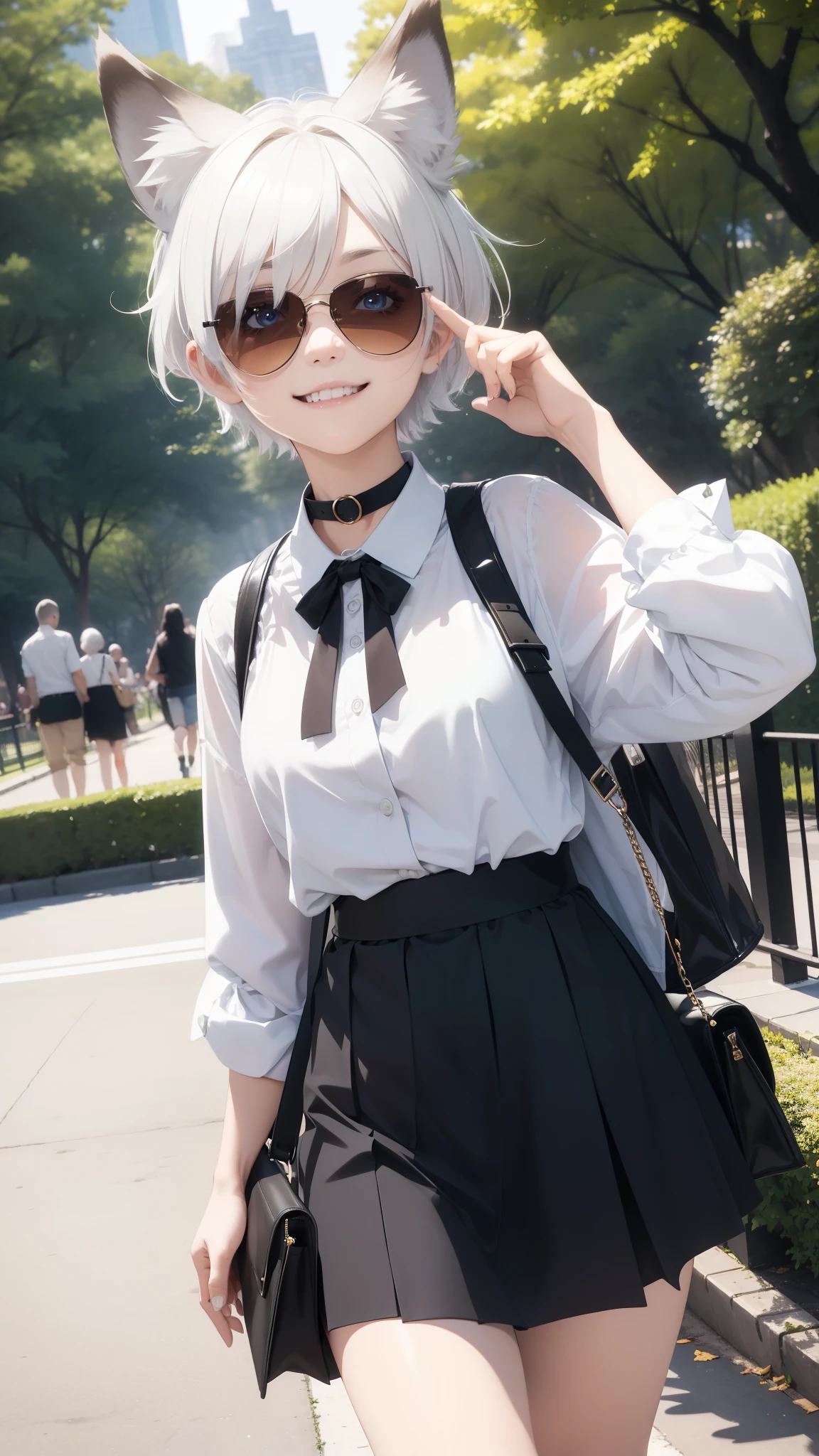 Masterpiece, wide smile, couple, 2others, boyish girl with short (white hair), (half shaved hair style), (happy face expression), ((has wolf ears, has wolf tail)), (wearing casual blouse and skirt, casual trench, sunglasses), (chocker, collar), thick thighs, wide hips, solo, alone, no wolves, has glowing blue eyes, flat chest,Comics, fantasia, sfw, central park, walking, park background