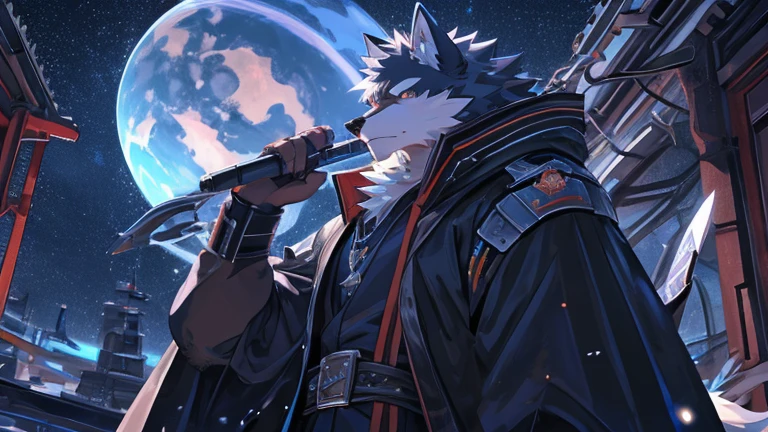 furry, male, anthro, (Wolf Tail), Solo, (Realistic eye details:1.2), (beautiful detailed eyes), anime character there is a Wolf man in a space setting with a planet in the background, dapper dream demon, best anime 4k konachan wallpaper, official artwork, gurren lagann, guilty gear strive splash art, anime style 4 k, key anime art, badass anime 8 k, high detailed official artwork, pixiv contest winner, cyber space cowboy, shigenori soejima illustration, full body like, slim body, in a panoramic view, good looking, splash art, anime style, 8k, 4k anime wallpaper, anime art wallpaper 8 k, 2 d art, 2d art, badass anime 8 k, anime art wallpaper 4k, detail art