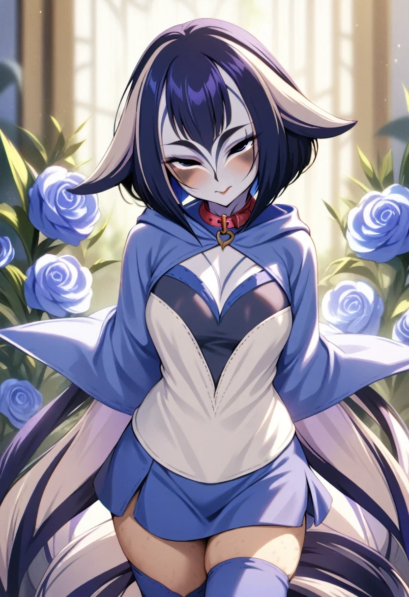 (shylily/(Twich/):1.5),(masterpiece:1.2),(best quality:1.2),,Beautiful flowers,Moles under the eyes, heart shaped collar, Beautiful and beautiful,、Bob Hairstyle、Hooded shirt、mini skirt