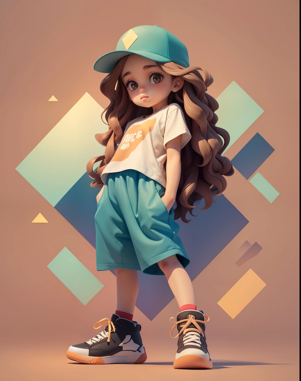 This is an illustration of a young girl with long curly hair. She is wearing a baseball cap, t-shirt, shorts and sneakers. She is standing with her back to the viewer and her head is turned to the side. The background is made up of abstract geometric shapes in shades of brown.