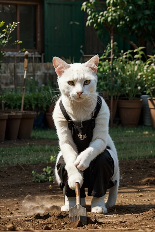 White cat with black fur patch on the head, wearing gardener clothes and holding gardening tools, digging in the soil., cinematic lighting, UHD