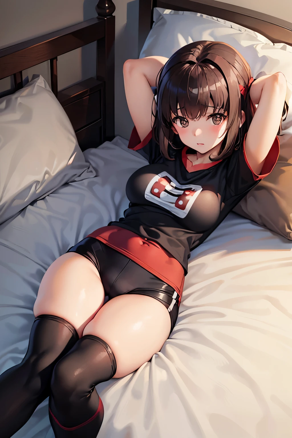 Taeko Kondo、Girls&Panzer、Brown Hair、Short Hair、((Short leggings))、Photo from below、Medium chest、Bedroom、(Gym clothes with short sleeves)、Red ribbon、((Black knee-high socks))、(The whole body gets wet)、sit