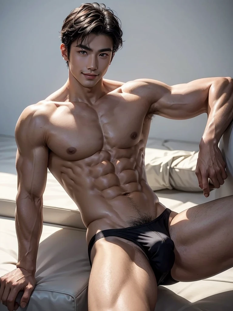 Masterpiece, Best Quality, Solo, Asian Model Men, muscular, white skin, smooth underarm, spread legs, studio background, lying, hard lighting, Natural eyes, Short and delicate black hair, Sexy Man, looking at the viewer, shirtless, sexy bikini, Small plots, Muscular posture, pubes, (extremely handsome: 1.2), smiling