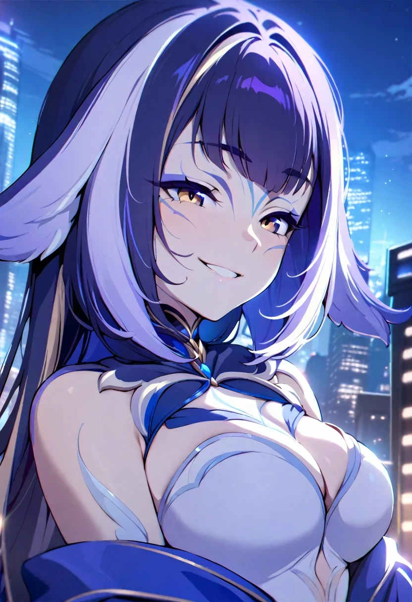 (shylily/(Twich/):1.5),(masterpiece:1.2),(best quality:1.2),masterpiece, best quality, very aesthetic, absurdres, 1girl, upper body, long hair, scar across eye, hairclip, breats, smirk, open coat, tube top, cinematic angle, night city
