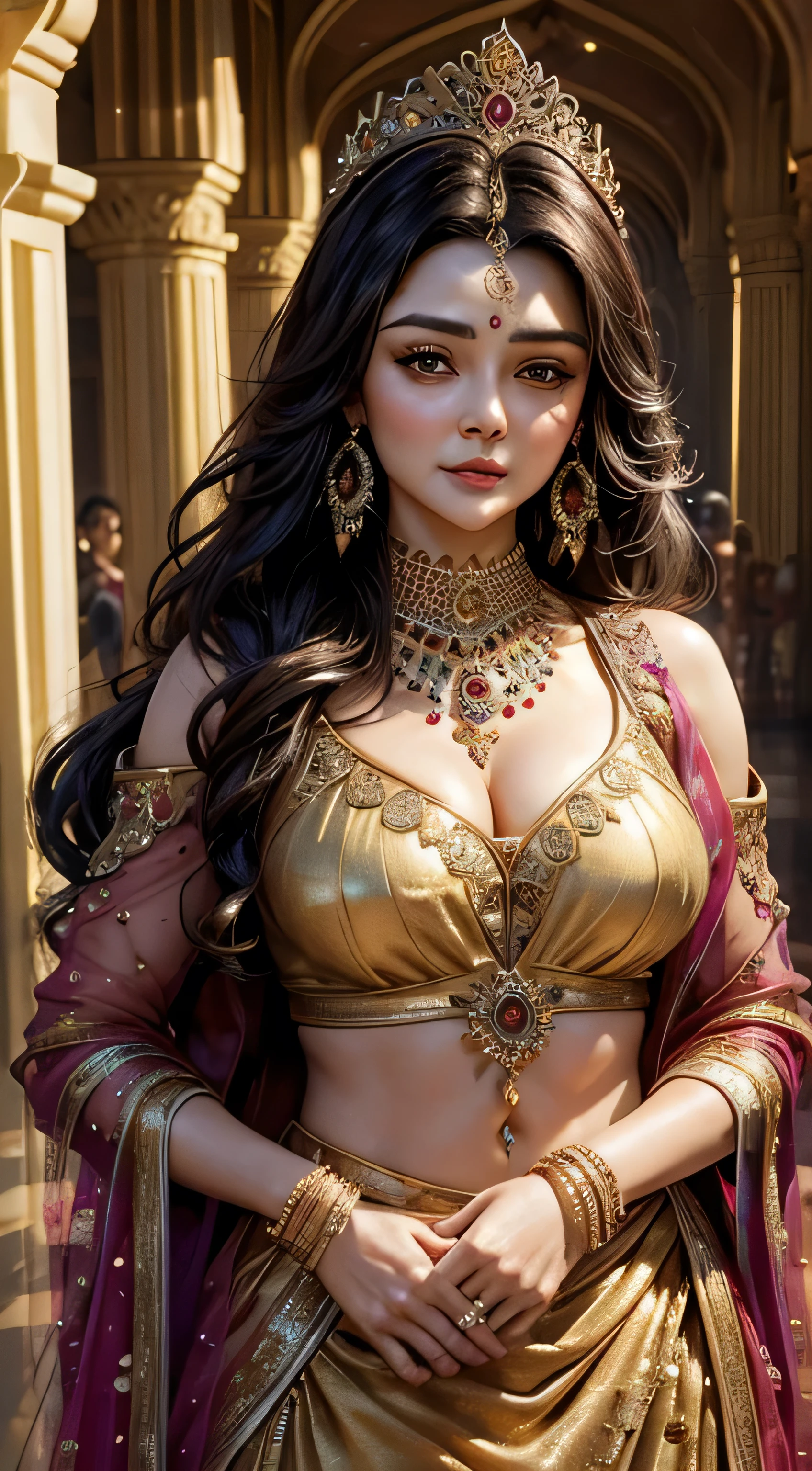 Preity Zinta, as 21 years old beautiful woman, wearing an ornate dark ghagra and a long blouse, eye mascara, eye shadows, long eye lashes, gold jewellery , large breasts, standing in a palace, upper body, front view, closeup, pubic hair visible