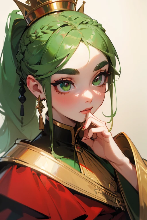 (highest quality, masterpiece:1.2), High resolution, Very detailed, Realistic:1.37, Fantasy, An illustration, Green Eyes、Queen, Red dress.Platinum decoration、beautifully、Eyeshadow Red、Thick eyebrows、Long eyelashes、pupils are black、Her hair is light green、Gold crown、Kissing Face、Embarrassing、people々々々Loved by、ponytail、Shoulder Bare、Surprised face、Braid、