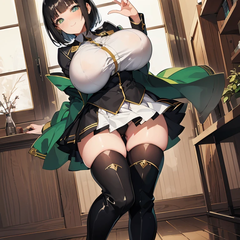 Expressive eyes, (((1 girl))), ((anime)), (Black Hair,short hair ), ((Green Eyes))，(Half closed eyes), ((very Big Breasts)), ((Firm breasts)),   ((Exposed thighs)),((goddess，Angel))((Military uniform jacket)), ((Big Breasts，and ass)), ((Blunt bangs)), ((white, Race)), ((Without skirt)), Captivating smile, Princess Cut, Shiny Hair, (masterpiece),  Anatomically Correct Art, Very detailed, Advanced Details, high quality, 最high quality, High resolution, 4K, 8k, ((Thigh-high boots))，(((Captivating smile)))，