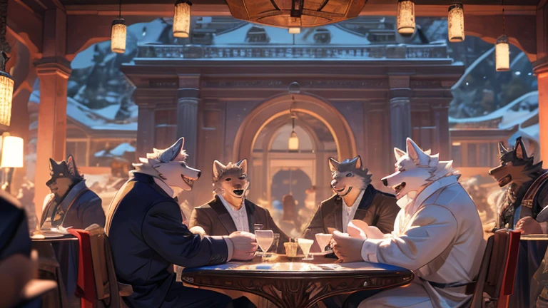 Anthro((dramatic))epic, dynamic pose, One scene of movie, An extreme perspective with a powerful composition, absurdres, Perfect Anatomy, magnificent picture of kemono fighting fierce battles, (ultra detailed), sharp focus, niji, eyesgod, black eye, furry, light-white fur, brown fur, white beard, anthro (wolf), male, middle-aged, gray body, white belly, tail, muscular, knight costume, long red cherry cloak, ultra detailed face, depth of field, motion blur, (best quality), (masterpiece), high details, high quality, award winning, highres, HD, 16k, laughing face, close-up of joyful expressions, a group of friends, genuine laughter, delightful camaraderie, joyful atmosphere, radiant smiles, contagious happiness, heartwarming laughter, friends sharing a joke, carefree moments, genuine laughter, cheerful companionship, close bond, unforgettable memories, joyous laughter, pure happiness, authentic emotions, shared laughter, positive vibes, genuine connection, happy moments, life's simple pleasures, warmth and laughter, genuine friendship, precious moments, happy gathering, vibrant energy, carefree joy, laughter echoing in the air, everlasting smiles, (best quality,4k,8k,highres,masterpiece:1.2),ultra-detailed,realistic:1.37,HDR,UHD,studio lighting,extreme detail description,professional,vivid colors,bokeh,lively atmosphere, natural lighting