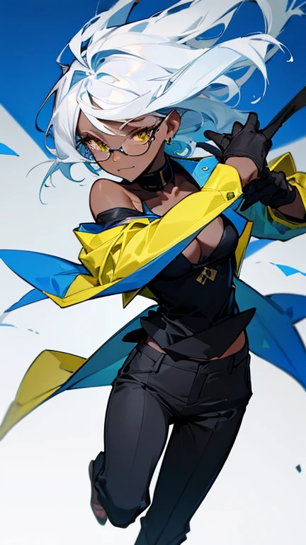 (highest quality、masterpiece:1.2) 1 woman, (Dark skinned woman), ((colored tailored jacket, black shirt, pants style)), Shoulder-length hair, (white hair, blue hair, mixed hair color), light yellow Eyes, (little glasses), sharp, (cleavage), little earring, (off shoulder), collarbone, leather gloves, messy hair, Kicking up, (Malicious smile, The mouth opens fearlessly), slightly muscle,