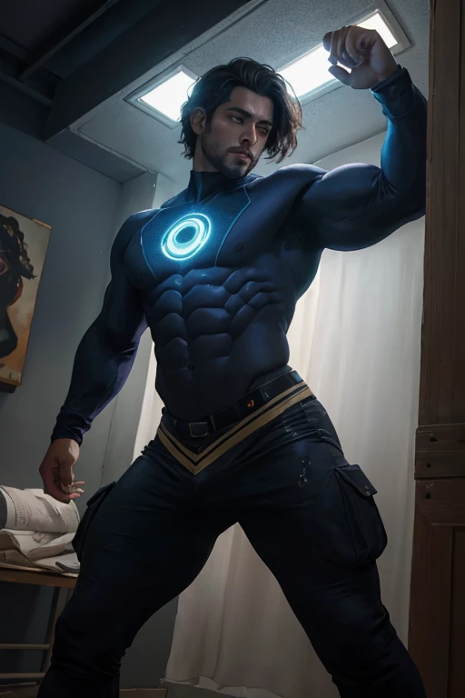 homem de 30 anos, restolho, vestindo roupas futuristas transparentes e transparentes, breathtaking grandeur, LED interior lighting, estilo ciberpunk, fiber optic hair, bright blue iris, muscular, melhor qualidade, obra de arte, detalhes intrincados, dynamic pose, dynamic angle, (surreal), (illustration), ((oil painting \(average\):1.2)), sharp focus, soft lighting, cores vibrantes, cinematographic photography, dynamic angle, volumetric lighting, film grain, sombras duras
