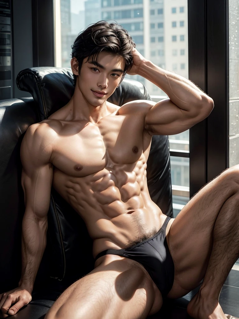 Masterpiece, Best Quality, Solo, Asian Model Men, muscular, white skin, smooth underarm, lifted legs, studio background, lying, hard lighting, Natural eyes, Short and delicate black hair, Sexy Man, looking at the viewer, shirtless, sexy bikini, Small plots, Muscular posture, pubes, (extremely handsome: 1.2), smiling