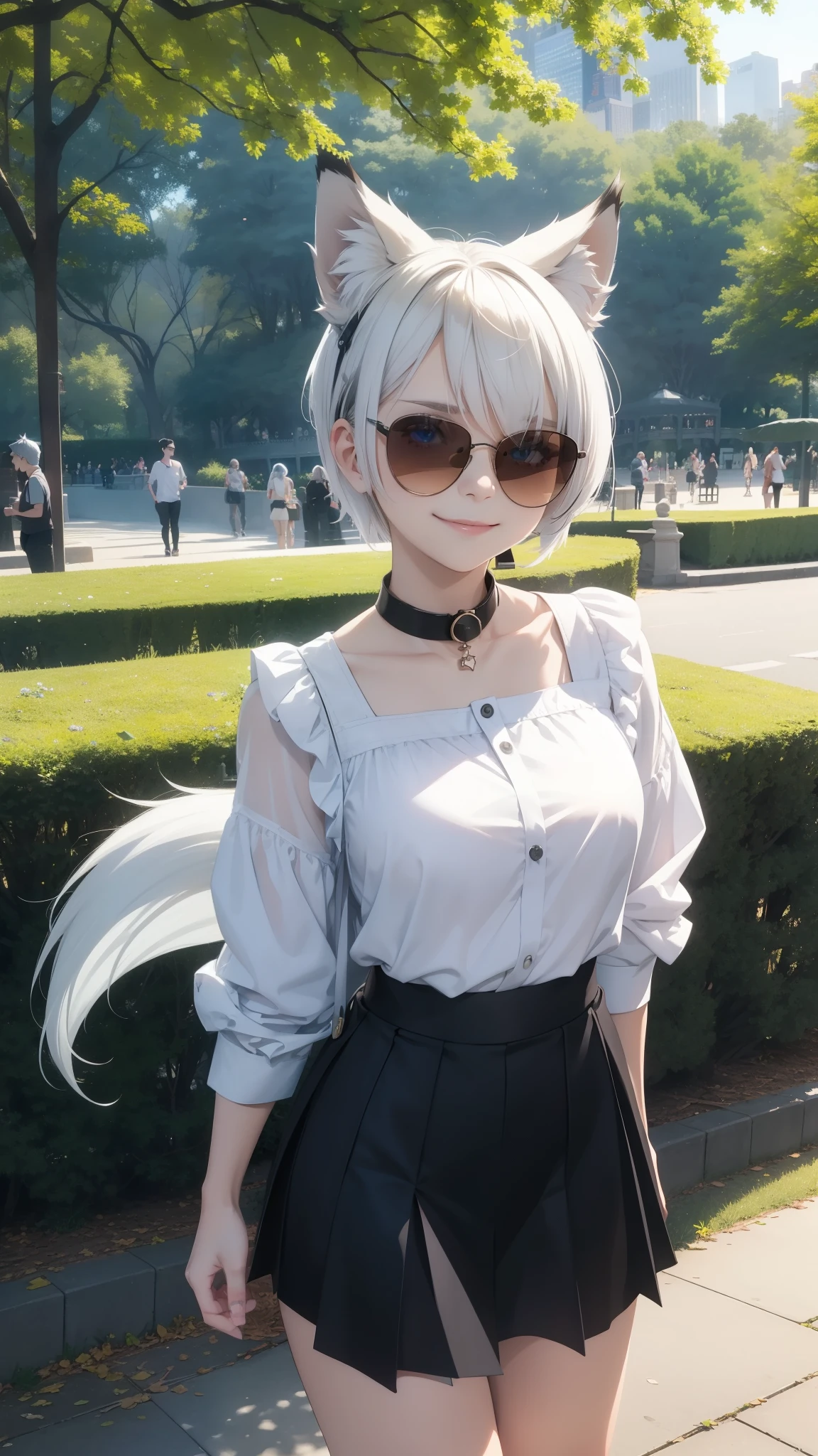 Masterpiece, wide smile, couple, 2others, boyish girl with short (white hair), (half shaved hair style), (happy face expression), ((has wolf ears, has wolf tail)), (wearing casual blouse and skirt, casual tranch, sunglasses), (chocker, collar), thick thighs, wide hips, solo, alone, no wolves, has glowing blue eyes, flat chest,Comics, fantasia, sfw, central park, walking, park background