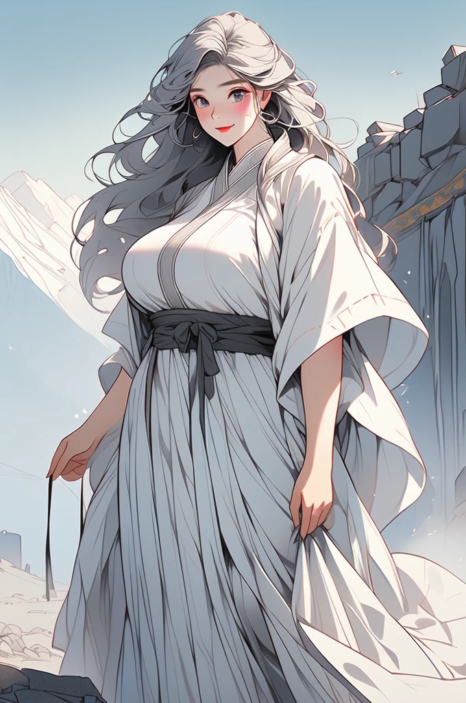 a giant girl, standing in a mountains, gray skin, gray hair, gray dreww, made of stone, gentle smile,voluptuous, 