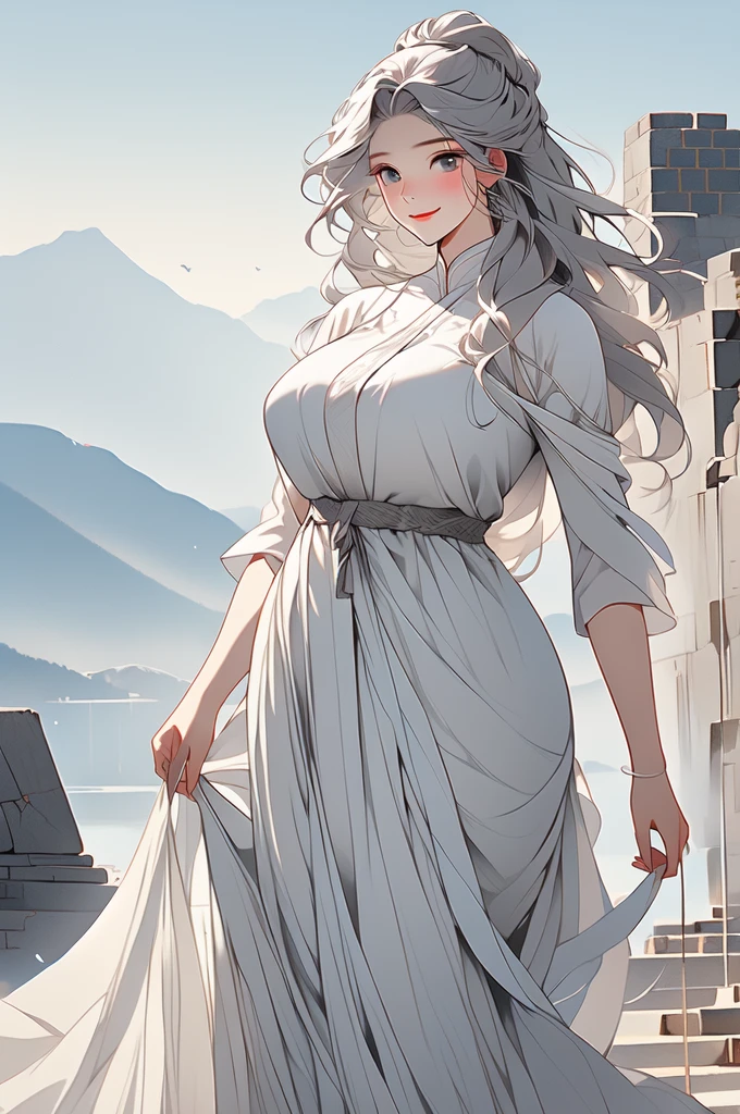 a giant girl, standing in a mountains, gray skin, gray hair, gray dreww, made of stone, gentle smile,voluptuous, 