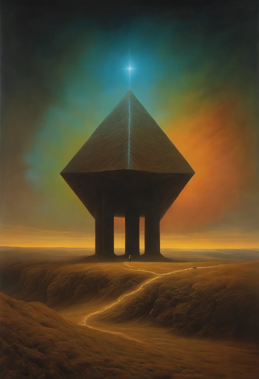 Zdzislaw Beksinski, (Infrarot:1.2), ultra detailliert, kompliziert, Oil on canvas, ((realistisch, Ultrascharf)), Malerei im Beksinski-Stil, satanisches Kreuz, Whole body in frame, centered body, realistisch, dynamische pose, perfektes Gesicht, perfekte Augen, scharfer Fokus, Regenbogen blutige Adern wachsen und verflechten sich aus der Dunkelheit, austretendes dickes neonfarbenes Regenbogenblut, Venen wachsen und pumpen Blut, genagelter Draht, Hypercube, Funken, lensflare, zerschmettertes Universum