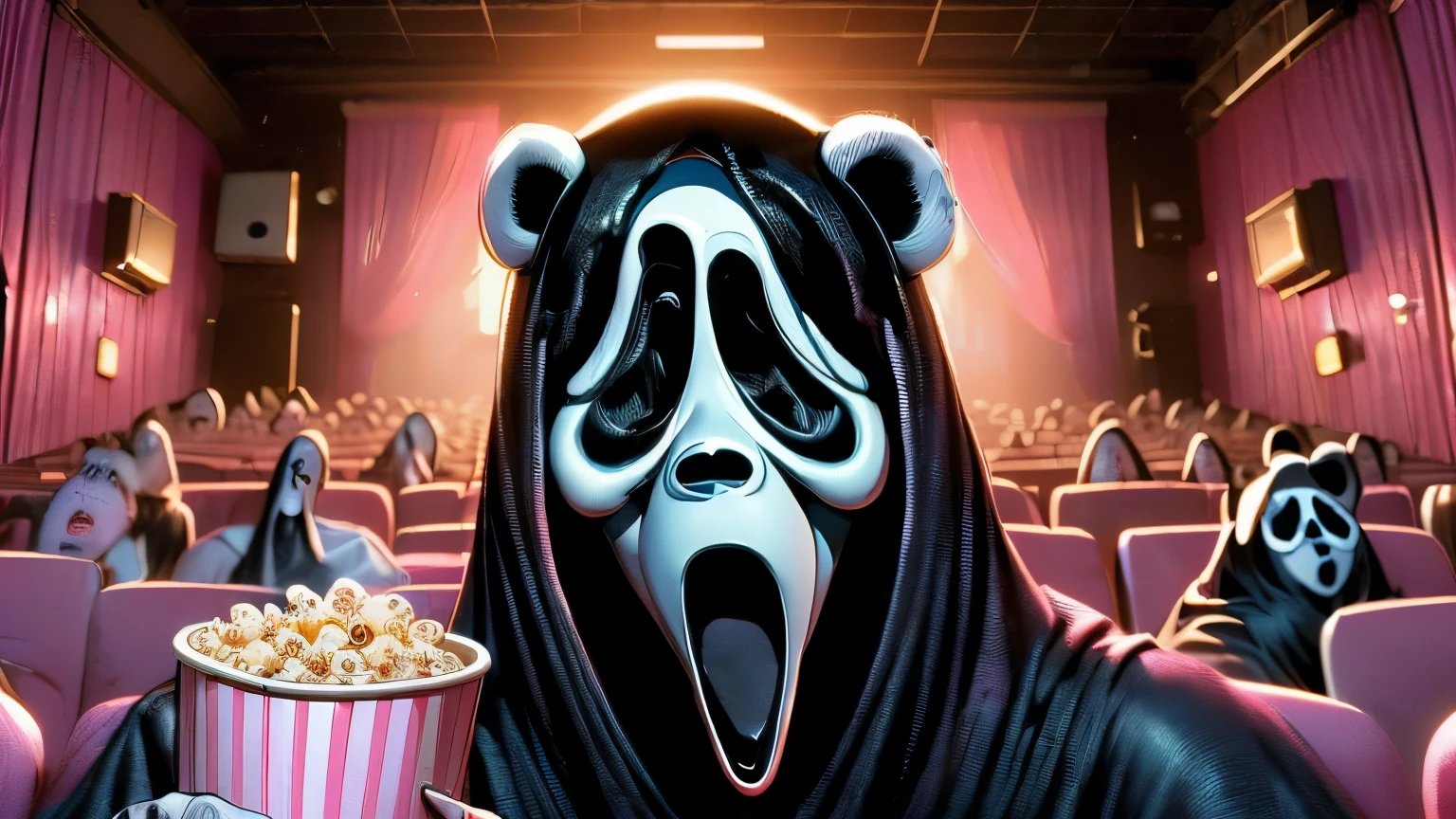 (masterpiece, best quality), (((scream movie))), (((huge pink ghostface))), (((pink panda,))) , (((big screen))), (((side face))), ((scared)), disposable cup, popcorn, night, open mouth