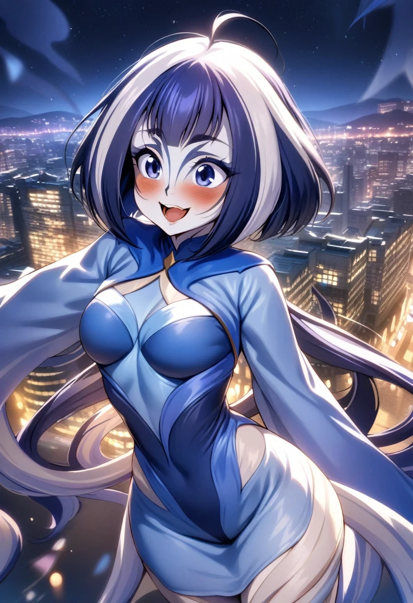 (shylily/(Twich/):1.5),(masterpiece:1.2),(best quality:1.2),Miss,25 years old,,City,night,White and blue bodycon miniskirt jumpsuit,Open mouth smile,blush、surprised face,