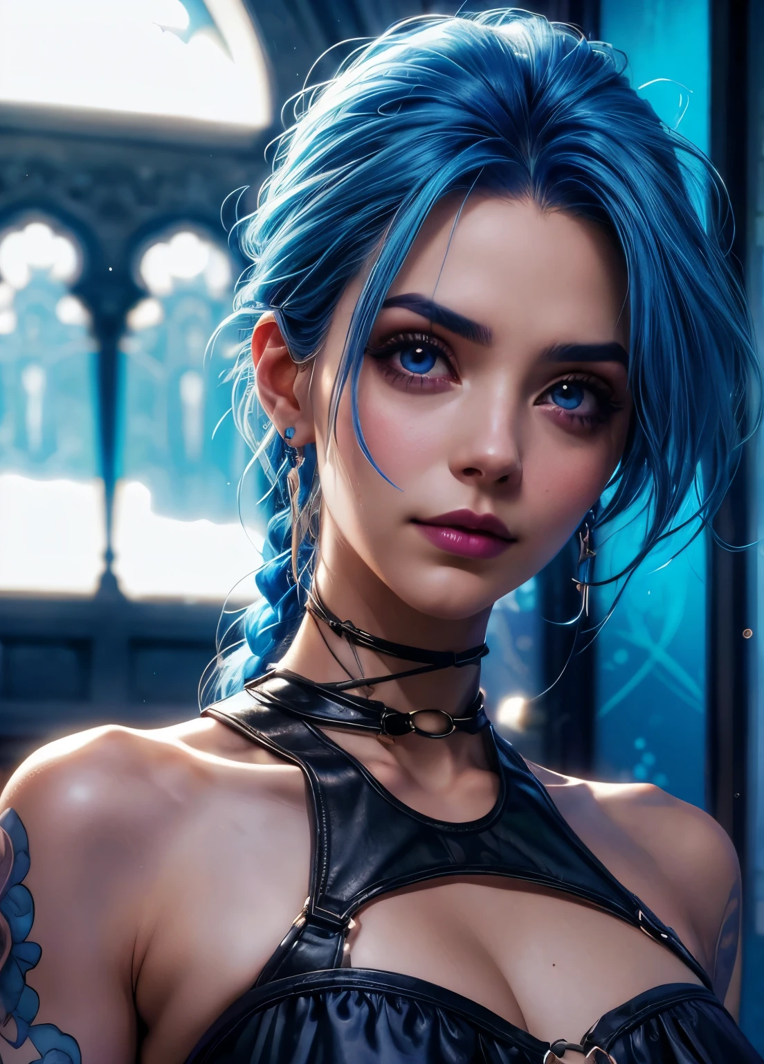 bluee hair (mejor iluminacion, mejor sombra, Obra maestra, alta calidad), vistoso, dynamic, gothic feeling, muchos colores brillantes, hermosa mujer con ropa ligera de verano, cabello suelto, sentada, cara triste, mirando a la camara. lagrimas en su rostro