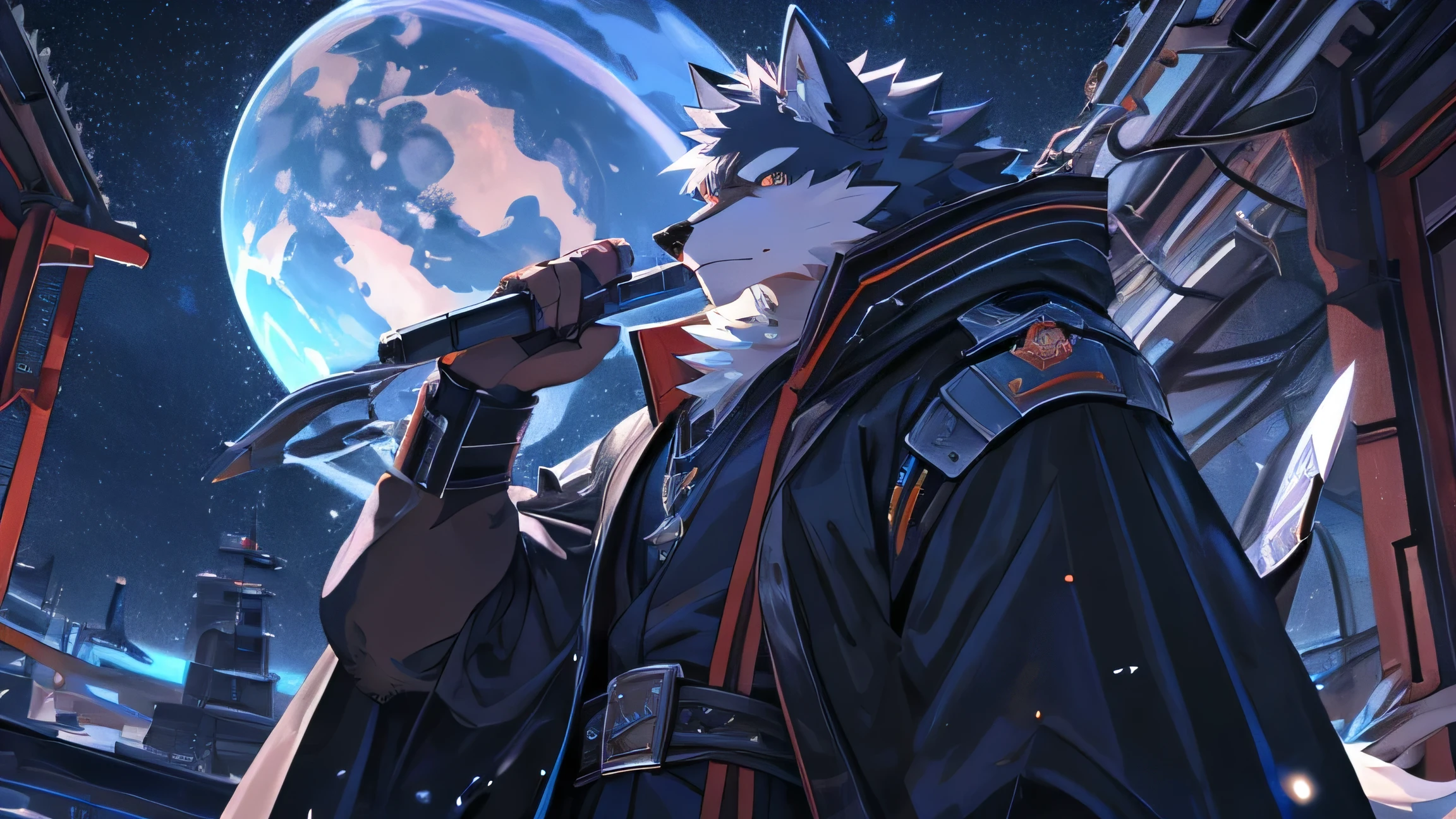 furry, male, anthro, (Wolf Tail), Solo, (Realistic eye details:1.2), (beautiful detailed eyes), anime character there is a Wolf man in a space setting with a planet in the background, dapper dream demon, best anime 4k konachan wallpaper, official artwork, gurren lagann, guilty gear strive splash art, anime style 4 k, key anime art, badass anime 8 k, high detailed official artwork, pixiv contest winner, cyber space cowboy, shigenori soejima illustration, full body like, slim body, in a panoramic view, good looking, splash art, anime style, 8k, 4k anime wallpaper, anime art wallpaper 8 k, 2 d art, 2d art, badass anime 8 k, anime art wallpaper 4k, detail art