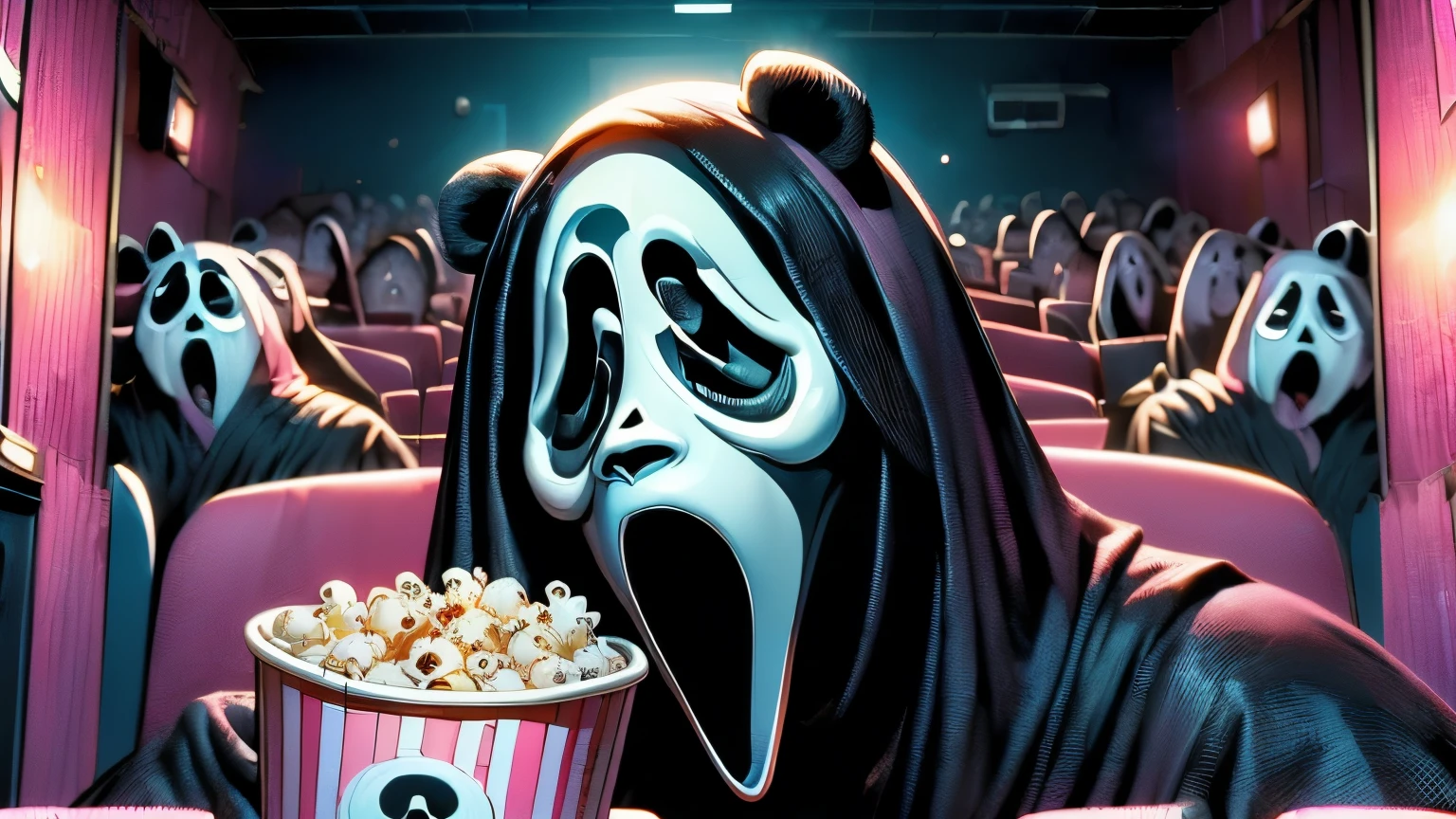 (masterpiece, best quality), (((scream movie))), (((huge pink ghostface))), (((pink panda,))) , (((big screen))), (((side face))), ((scared)), disposable cup, popcorn, night, open mouth