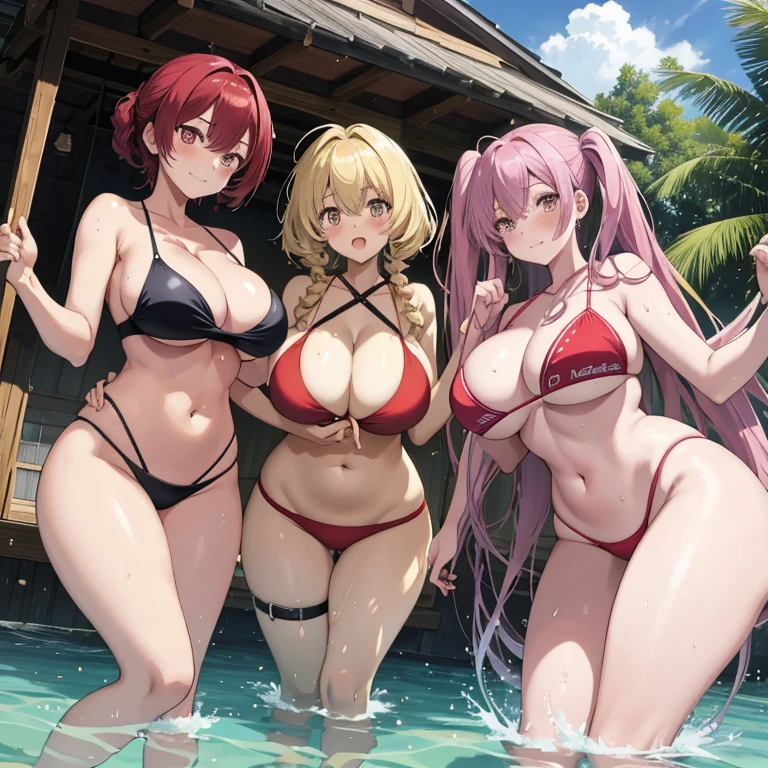 Four female manga characters with extraordinarily large breasts and voluminous hips are depicted, their faces are embarrassingly red as they open their mouths. They are seen in clingy bathing suits, having just stepped out of the water. Their cheeks are flushed with a rosy glow, and they lie languidly on a bed. The scene is rendered in vibrant colors.