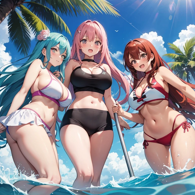 Four female manga characters with extraordinarily large breasts and voluminous hips are depicted, their faces are embarrassingly red as they open their mouths. They are seen in clingy bathing suits, having just stepped out of the water. Their cheeks are flushed with a rosy glow, and they lie languidly on a bed. The scene is rendered in vibrant colors.